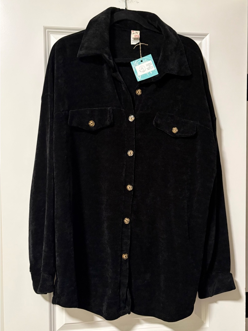 7th Ray Black Chenille Plush Shacket with Button Front